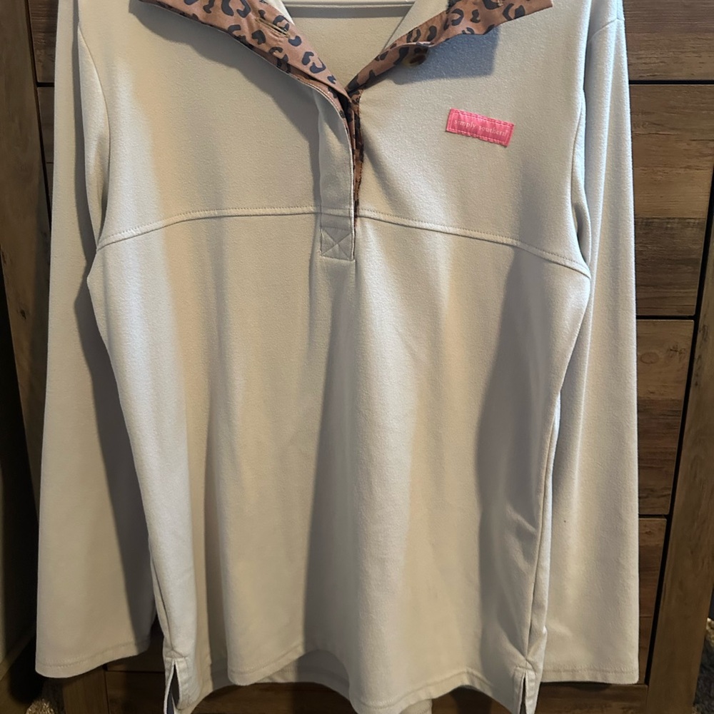 Cream Long Sleeve Top with Leopard Print Collar